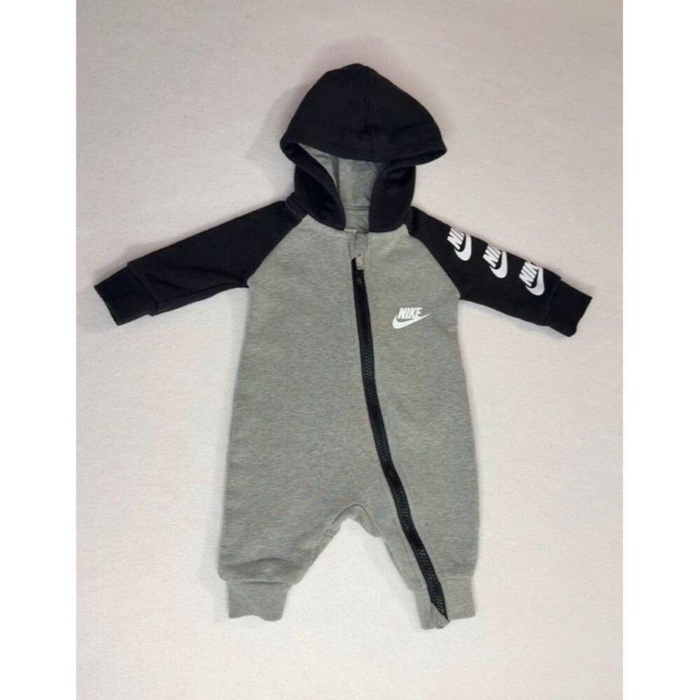 Nike Baby Full Zip Hooded Coverall Romper Newborn Grey Black